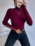SHEIN Chiquease Turtleneck Button Detail Ribbed Knit Sweater,Long Sleeve Tops Knit Pullover Fall Winter Outfit