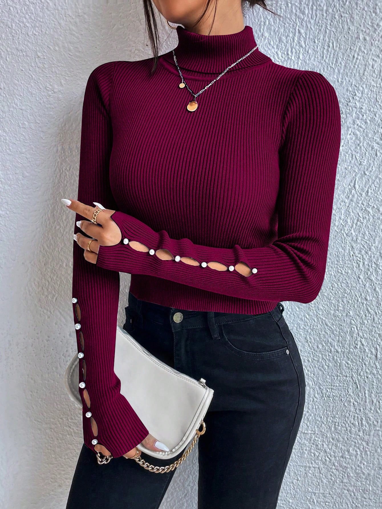 SHEIN Chiquease Turtleneck Button Detail Ribbed Knit Sweater,Long Sleeve Tops Knit Pullover Fall Winter Outfit