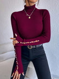 SHEIN Chiquease Turtleneck Button Detail Ribbed Knit Sweater,Long Sleeve Tops Knit Pullover Fall Winter Outfit