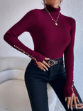 SHEIN Chiquease Turtleneck Button Detail Ribbed Knit Sweater,Long Sleeve Tops Knit Pullover Fall Winter Outfit
