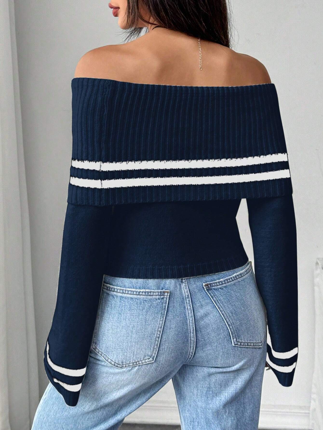  | SHEIN Chiquease Women Casual Striped Off-Shoulder Long Sleeve Pullover Sweater, Autumn/Winter | Sweater | Shein | OneHub