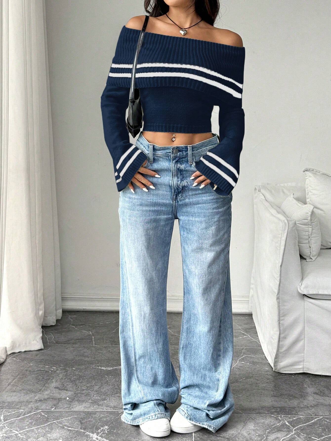  | SHEIN Chiquease Women Casual Striped Off-Shoulder Long Sleeve Pullover Sweater, Autumn/Winter | Sweater | Shein | OneHub