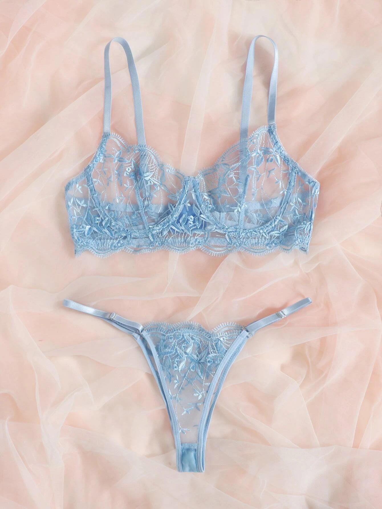  | SHEIN Classic Sexy Embroidered Mesh Underwire Lingerie Set | Lingerie | Shein | OneHub