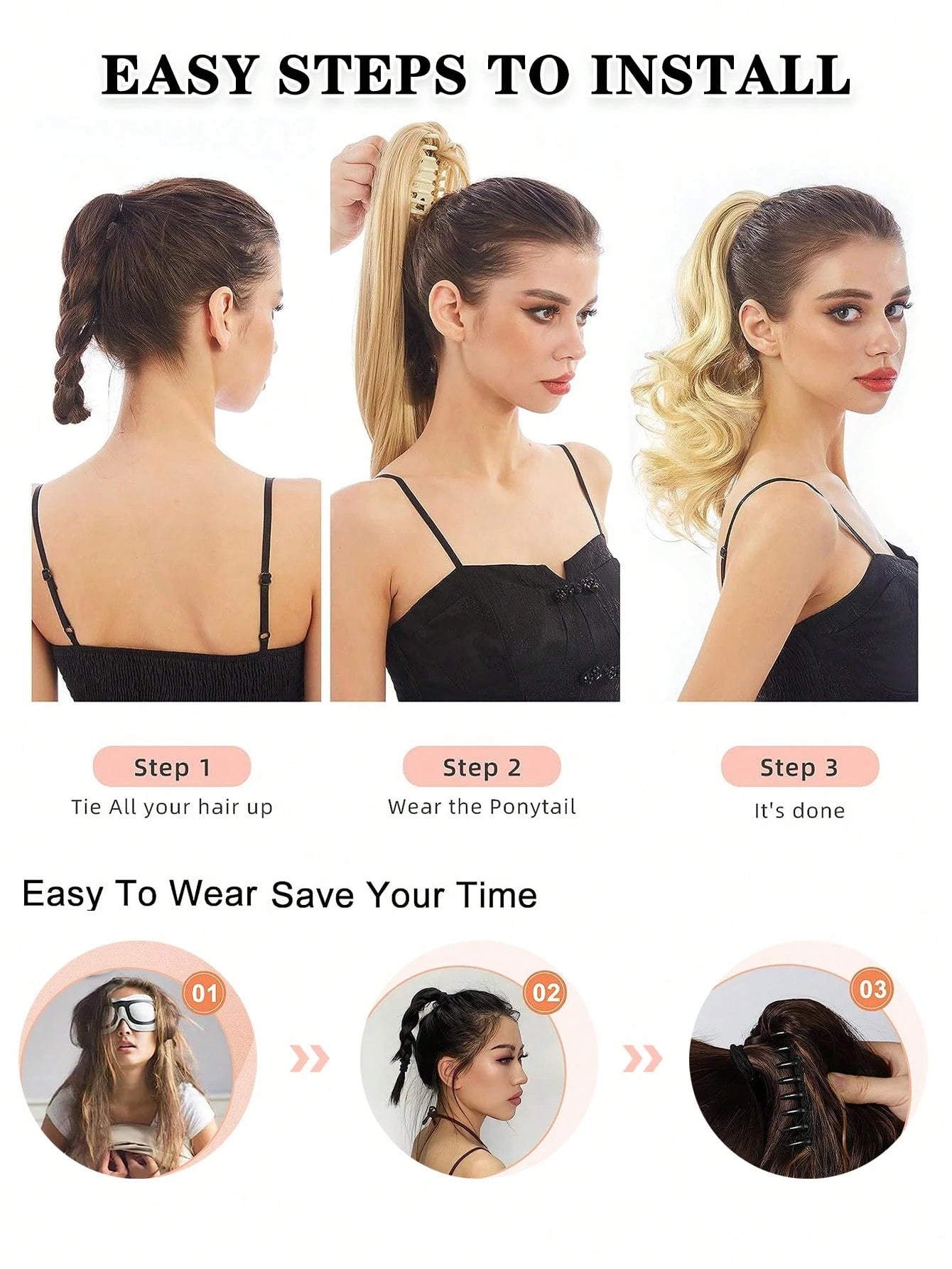 SHEIN Claw Clip Ponytail Extension Curly Wavy Clip in Long Ponytails Hair Extensions Synthetic Hairpiece for Women