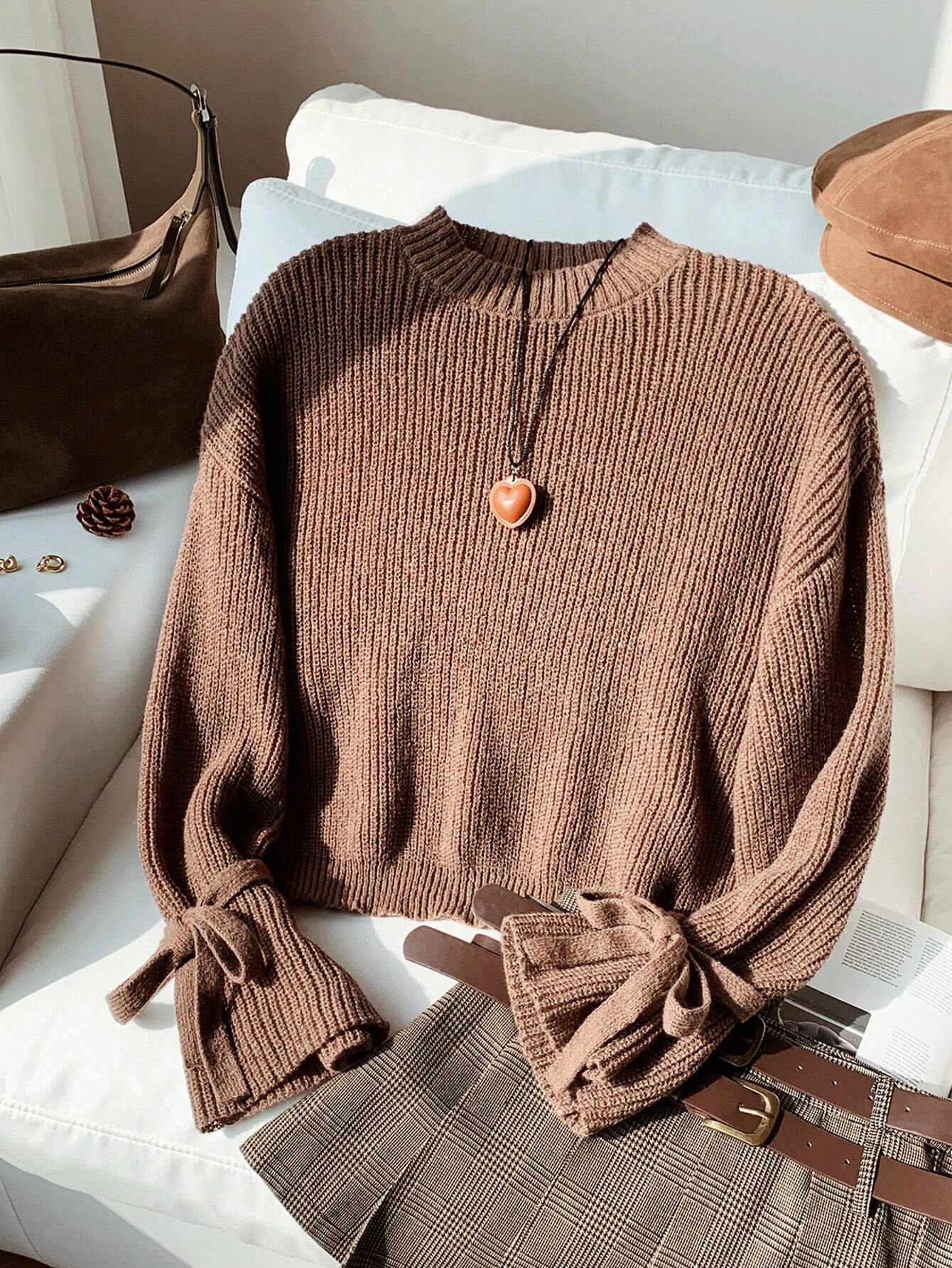 SHEIN Comfortcana New Autumn/Winter Brown Knitted Ribbed Cuff Tie Loose Pullover Sweater,Knitted Sweater