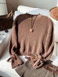 SHEIN Comfortcana New Autumn/Winter Brown Knitted Ribbed Cuff Tie Loose Pullover Sweater,Knitted Sweater