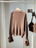 SHEIN Comfortcana New Autumn/Winter Brown Knitted Ribbed Cuff Tie Loose Pullover Sweater,Knitted Sweater