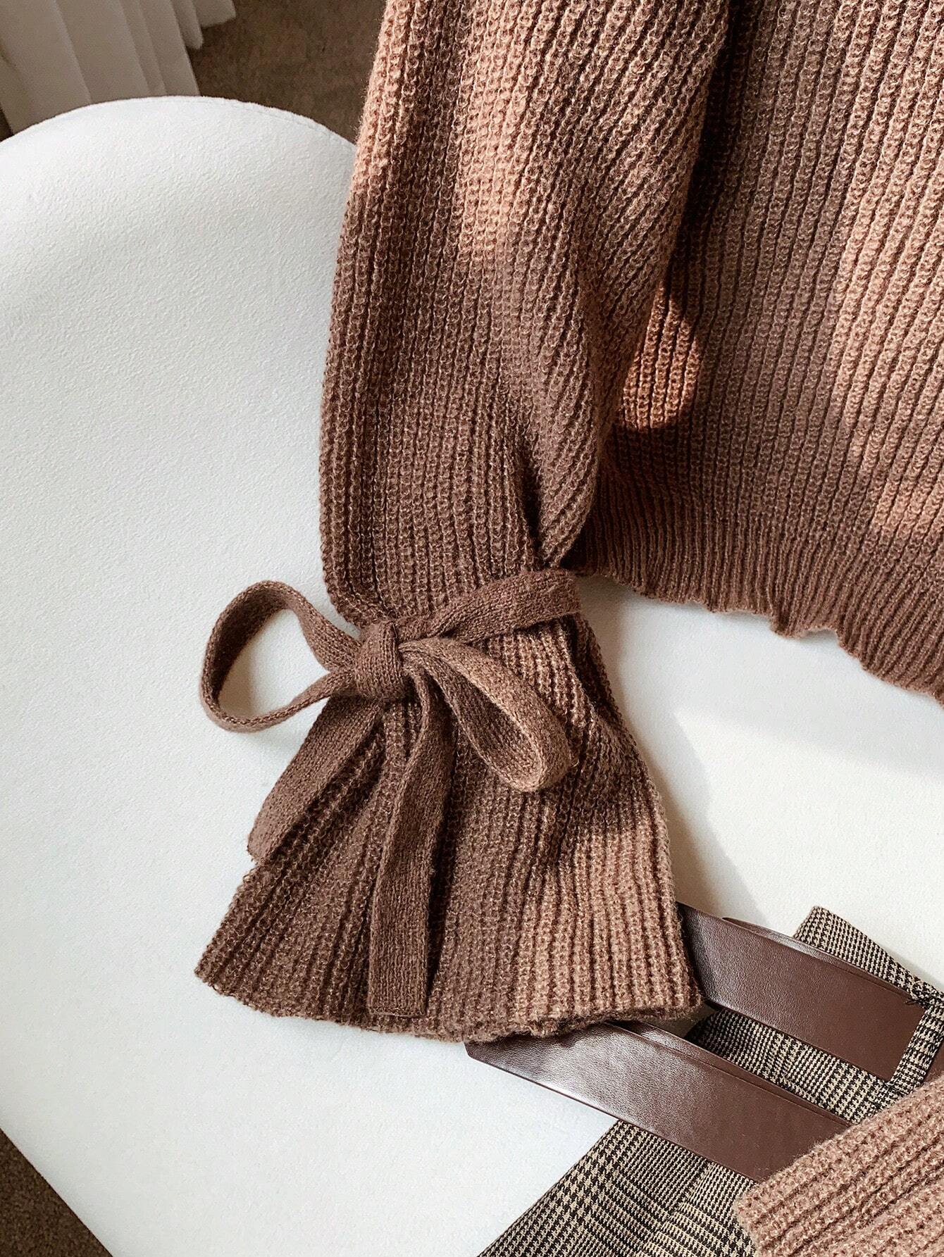 SHEIN Comfortcana New Autumn/Winter Brown Knitted Ribbed Cuff Tie Loose Pullover Sweater,Knitted Sweater