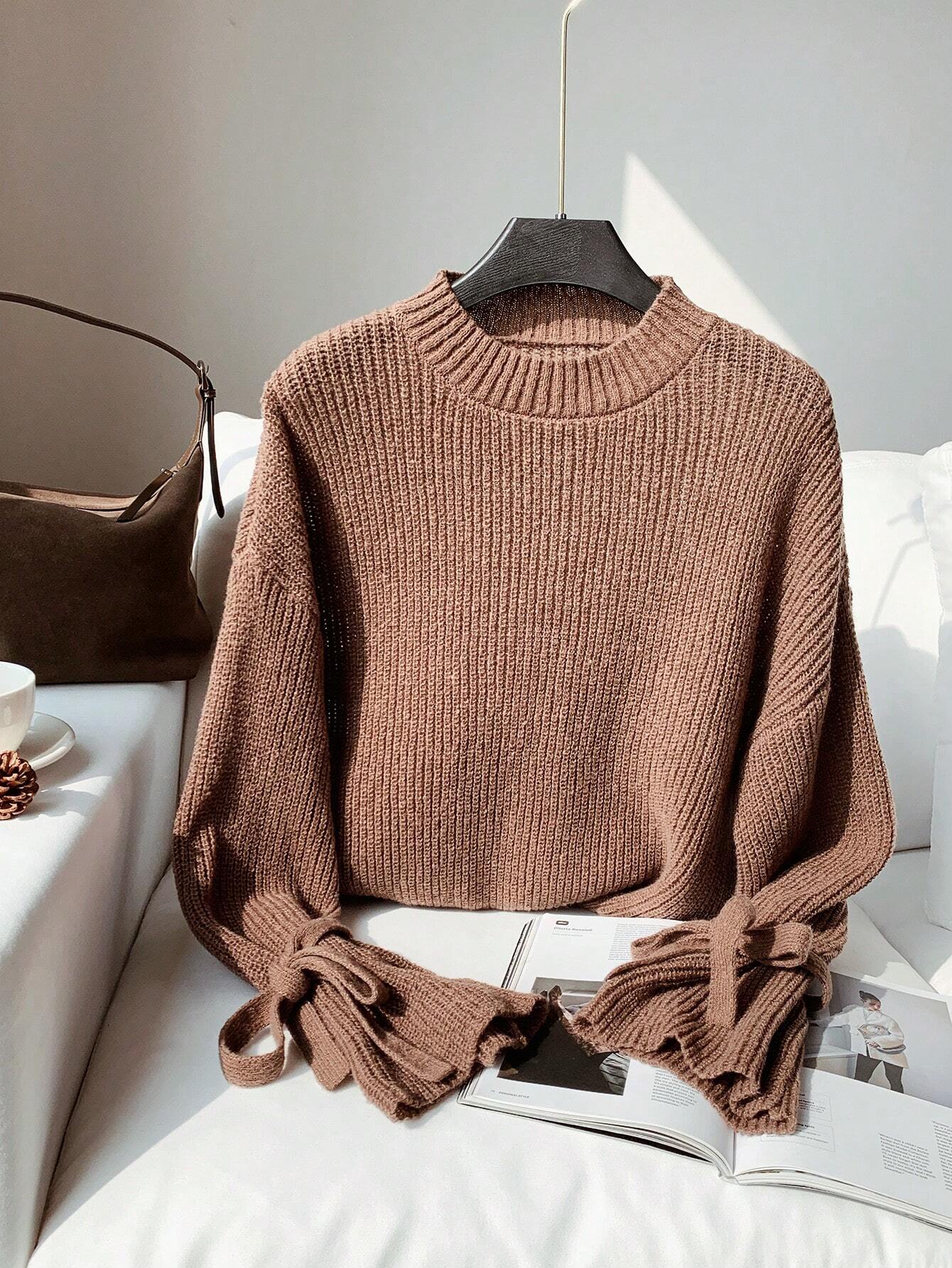 SHEIN Comfortcana New Autumn/Winter Brown Knitted Ribbed Cuff Tie Loose Pullover Sweater,Knitted Sweater