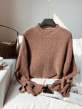 SHEIN Comfortcana New Autumn/Winter Brown Knitted Ribbed Cuff Tie Loose Pullover Sweater,Knitted Sweater