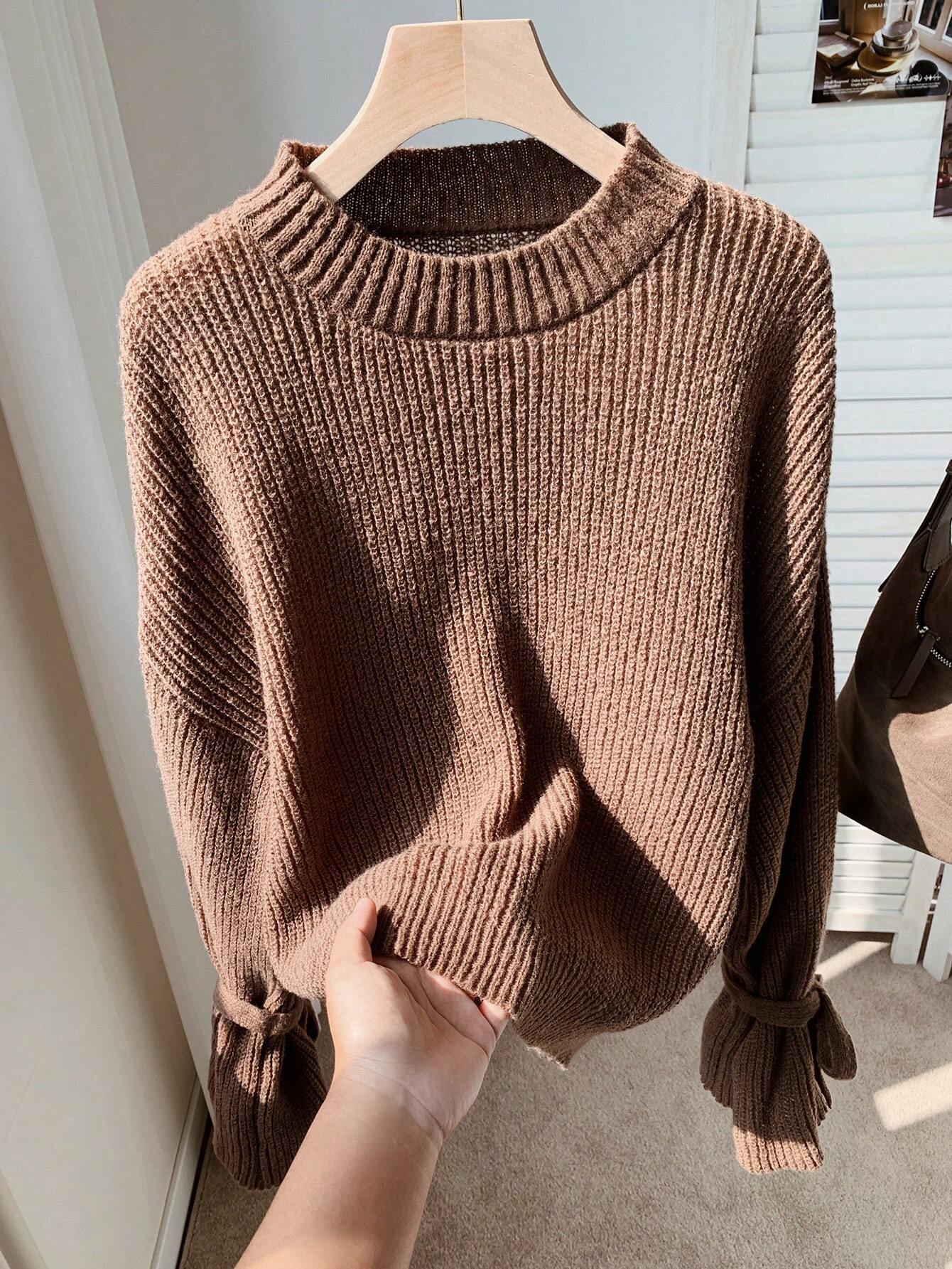 SHEIN Comfortcana New Autumn/Winter Brown Knitted Ribbed Cuff Tie Loose Pullover Sweater,Knitted Sweater