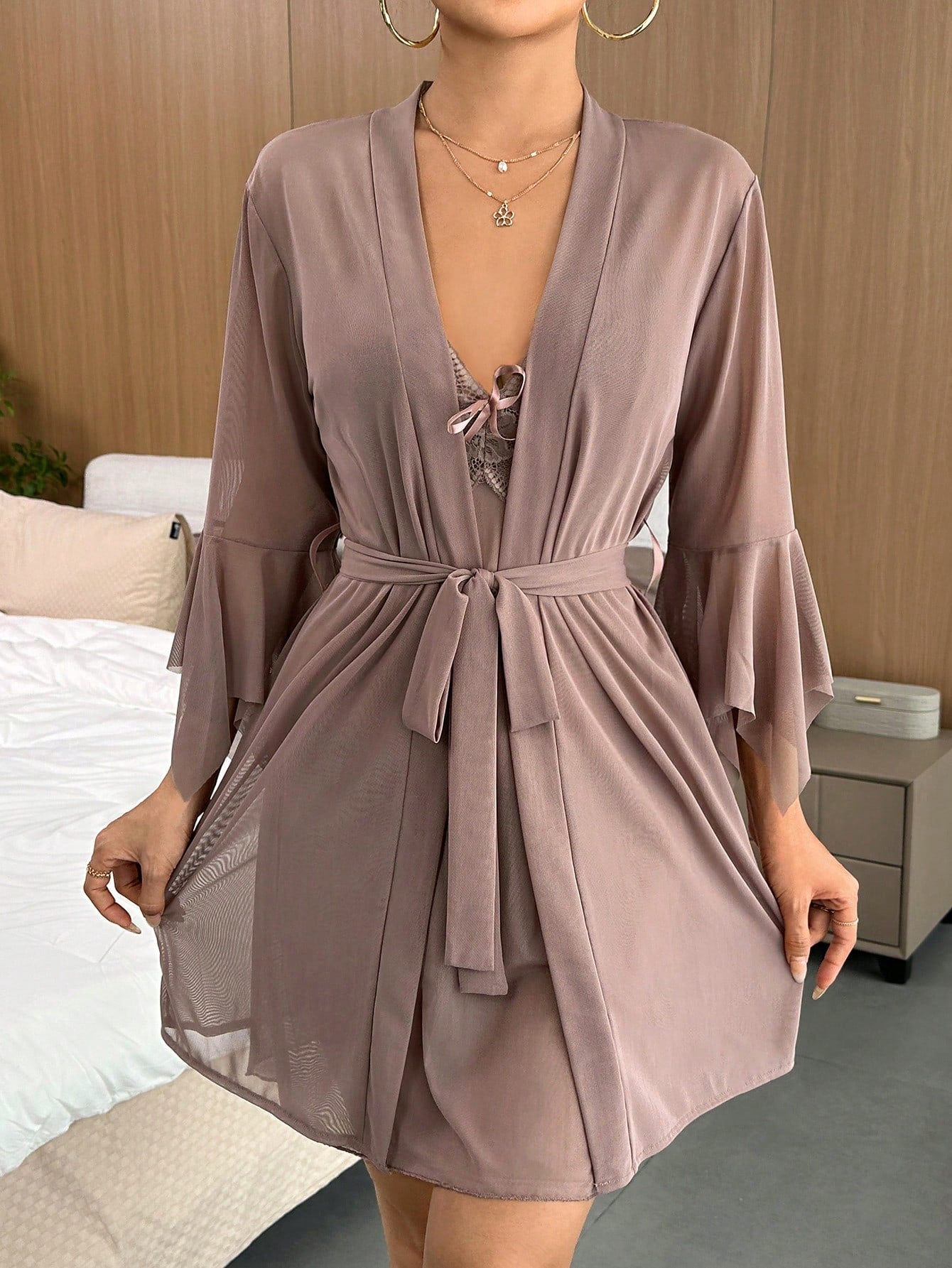  | SHEIN Contrast Lace Flounce Sleeve Bow Front Mesh Robe & Cami Dress PJ Set | Night Dress | Shein | OneHub