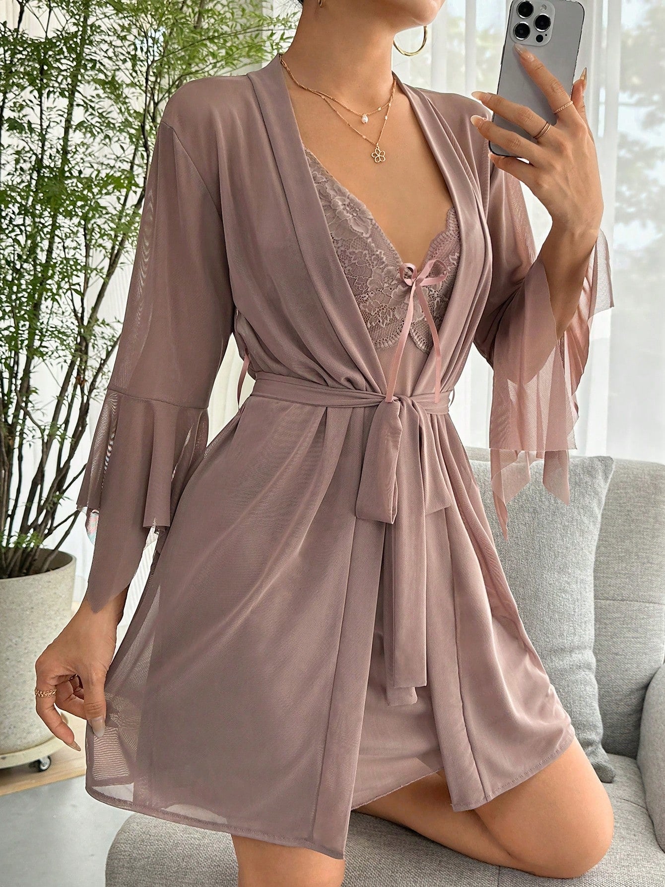  | SHEIN Contrast Lace Flounce Sleeve Bow Front Mesh Robe & Cami Dress PJ Set | Night Dress | Shein | OneHub