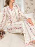 SHEIN CottageSlumber 2pcs/Set Ruffled Collar Open Front Bubble Texture Printed Pajama Set