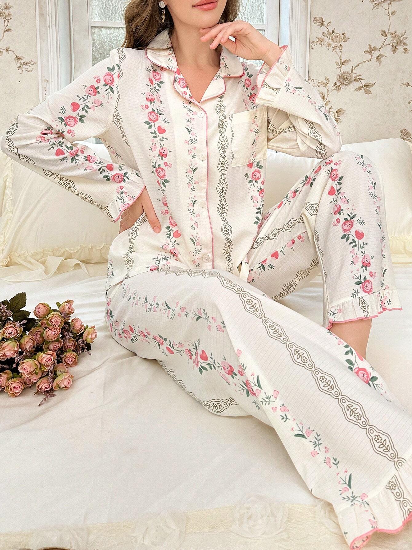  | SHEIN CottageSlumber 2pcs/Set Ruffled Collar Open Front Bubble Texture Printed Pajama Set | Night Dress | Shein | OneHub