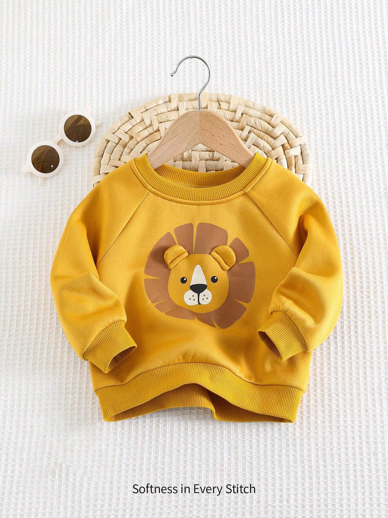SHEIN Cozy Pixies Baby Boy Cartoon Lion Pattern Raglan 3D Ear Crew Neck Pullover Sweatshirt,In Fall/Winter