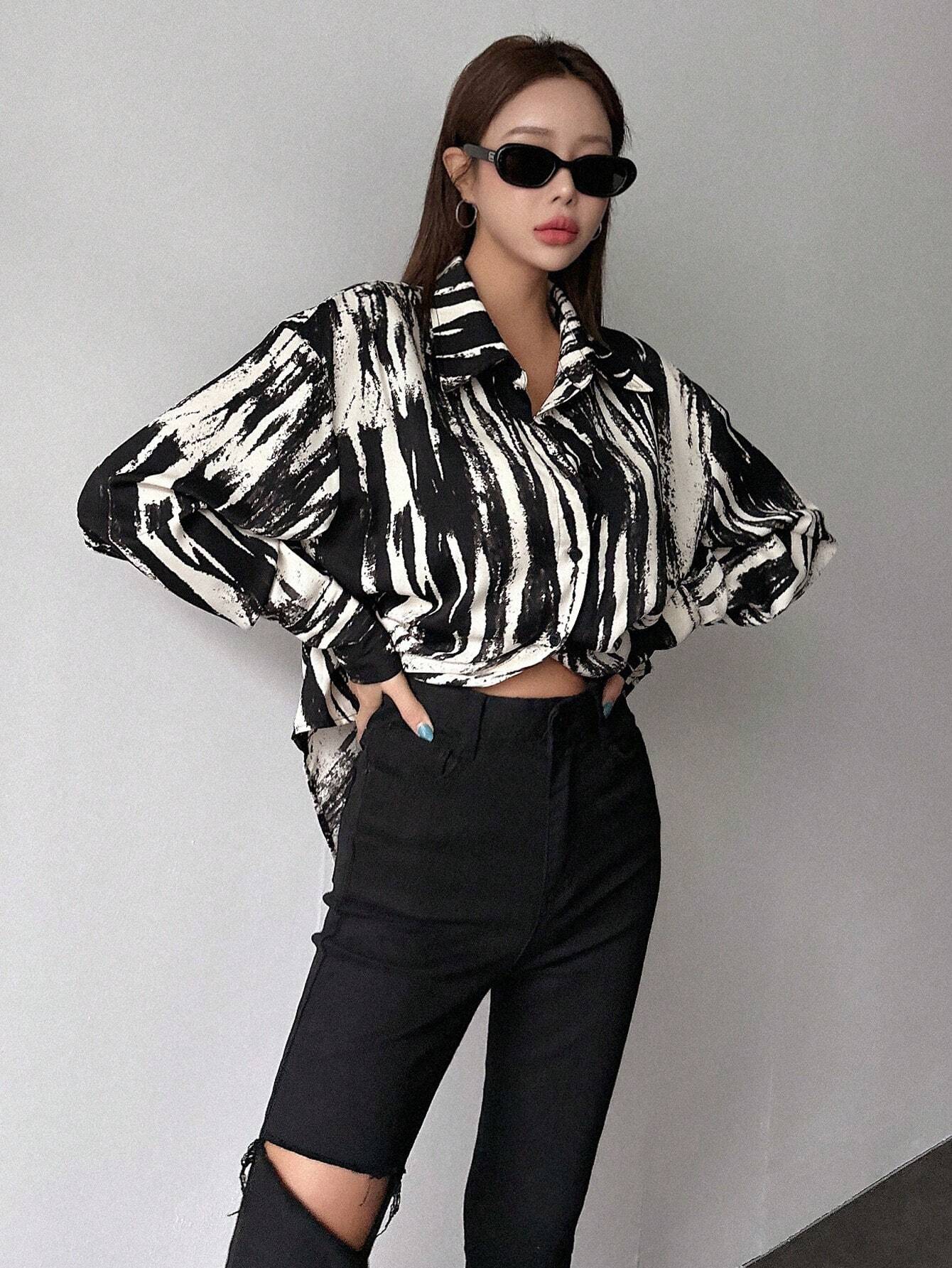  | SHEIN DAZY Brush Print Drop Shoulder Shirt | Blouse | Shein | OneHub