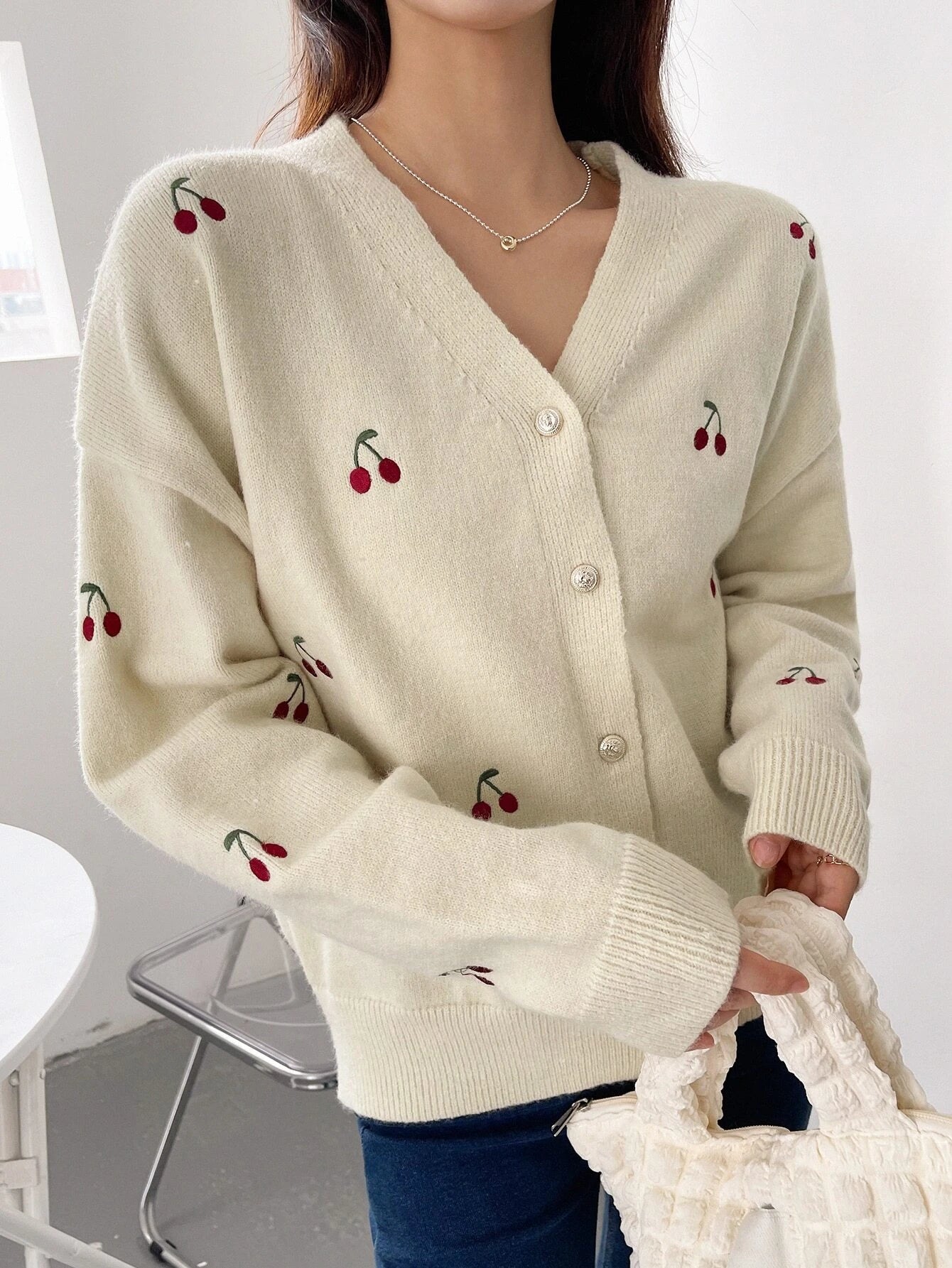  | SHEIN DAZY Cherry Embroidery Drop Shoulder Cardigan,Long Sleeve Tops | Sweater | Shein | OneHub