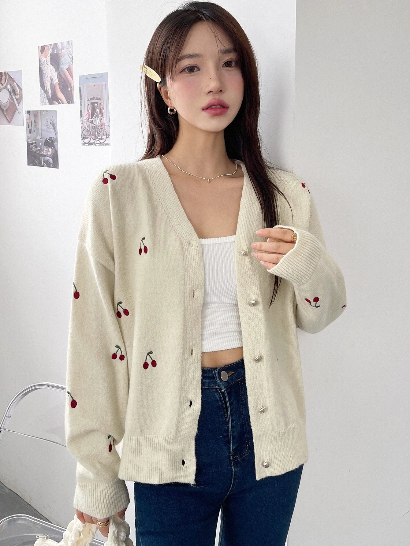  | SHEIN DAZY Cherry Embroidery Drop Shoulder Cardigan,Long Sleeve Tops | Sweater | Shein | OneHub