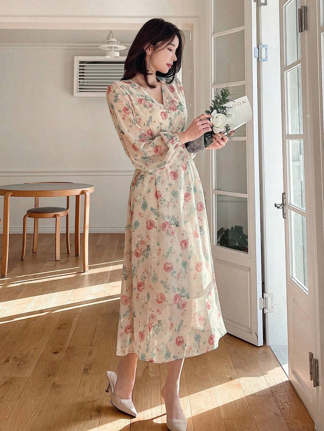  | SHEIN DAZY Chiffon Bohemian Floral Print V-Neck Dress With Buttons, Long Sleeve, High Waisted And Floor-Length | Dress | Shein | OneHub
