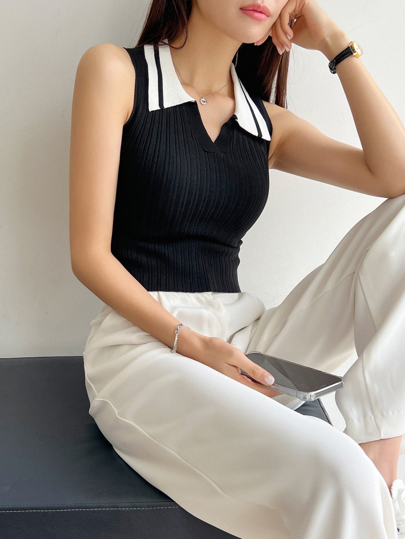  | SHEIN DAZY Contrast Collar Ribbed Knit Top | Sweater | Shein | OneHub