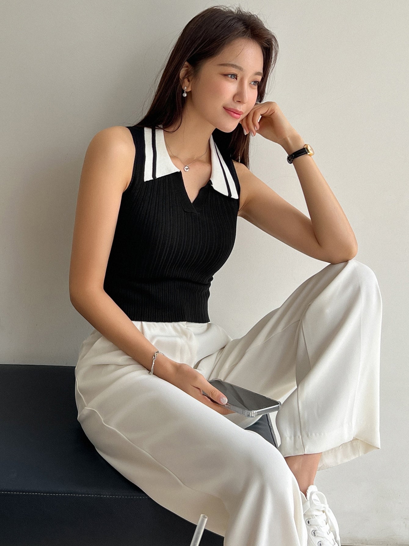  | SHEIN DAZY Contrast Collar Ribbed Knit Top | Sweater | Shein | OneHub