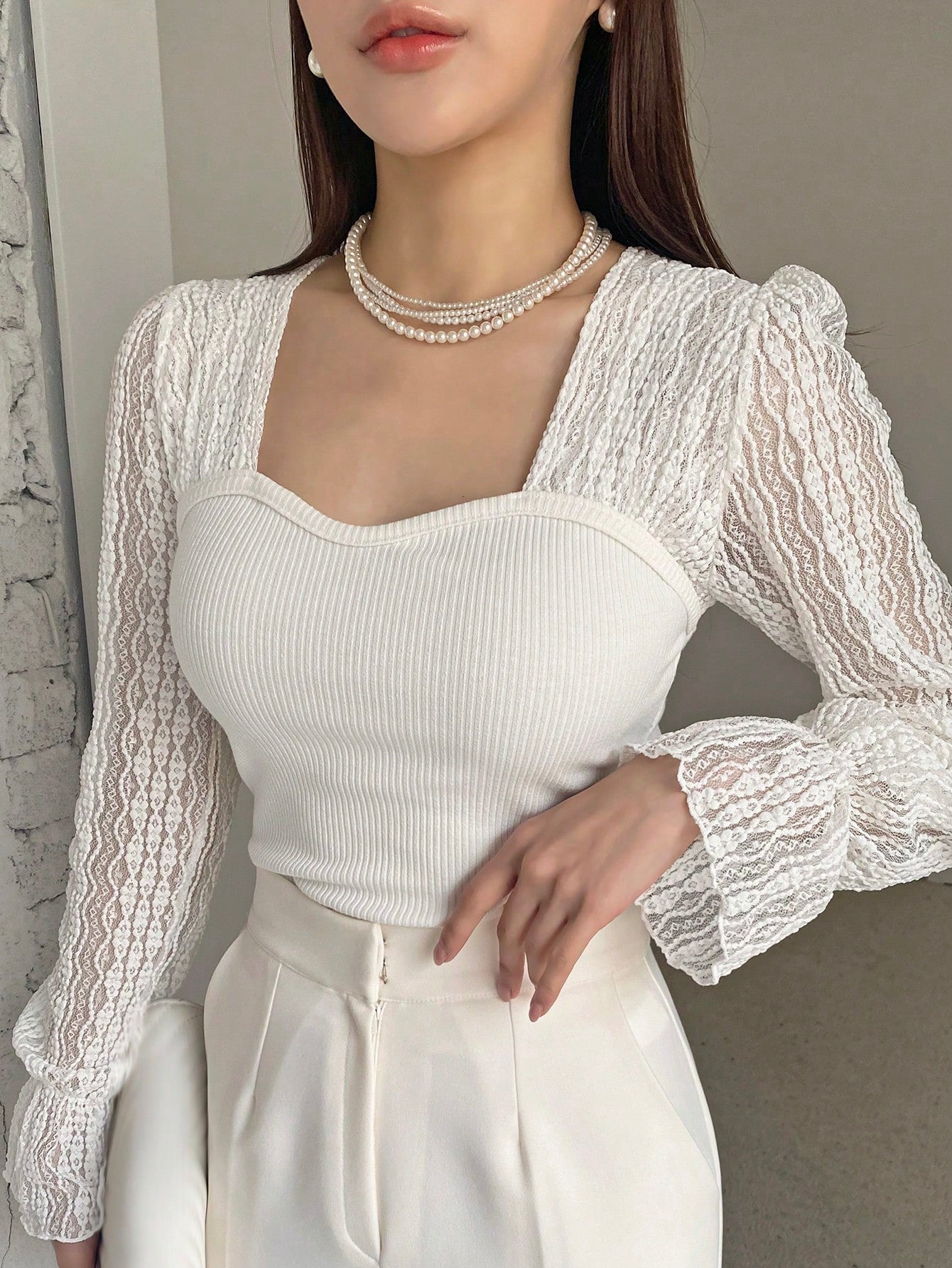  | SHEIN DAZY Contrast Lace Flounce Sleeve Sweetheart Neck Top | Sweater | Shein | OneHub