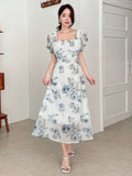 SHEIN DAZY Elegant Floral Print Square Neck Puff Sleeve Dress For Spring And Summer