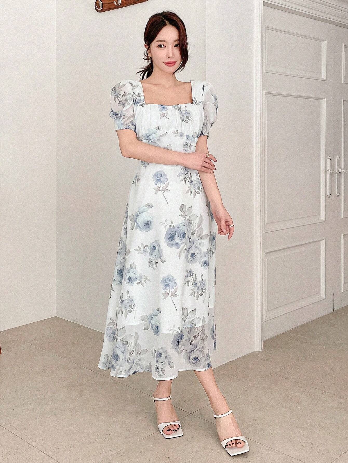  | SHEIN DAZY Elegant Floral Print Square Neck Puff Sleeve Dress For Spring And Summer | Dress | Shein | OneHub