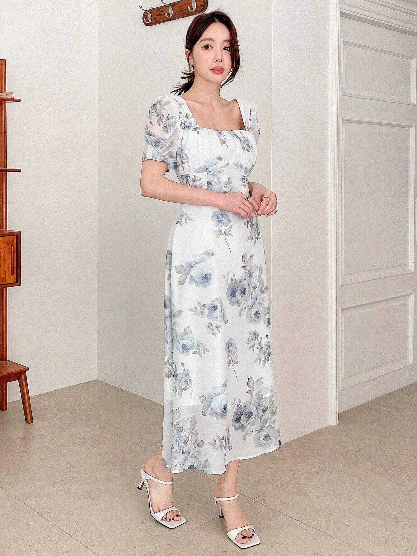  | SHEIN DAZY Elegant Floral Print Square Neck Puff Sleeve Dress For Spring And Summer | Dress | Shein | OneHub