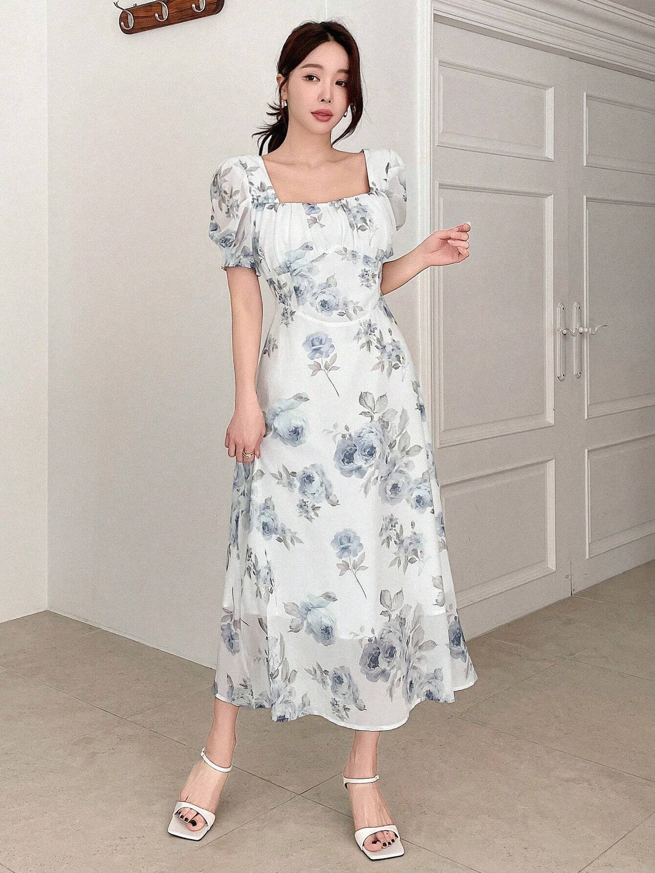  | SHEIN DAZY Elegant Floral Print Square Neck Puff Sleeve Dress For Spring And Summer | Dress | Shein | OneHub