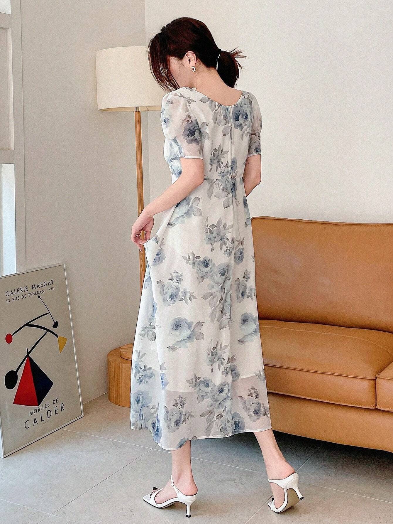  | SHEIN DAZY Elegant Floral Print Square Neck Puff Sleeve Dress For Spring And Summer | Dress | Shein | OneHub