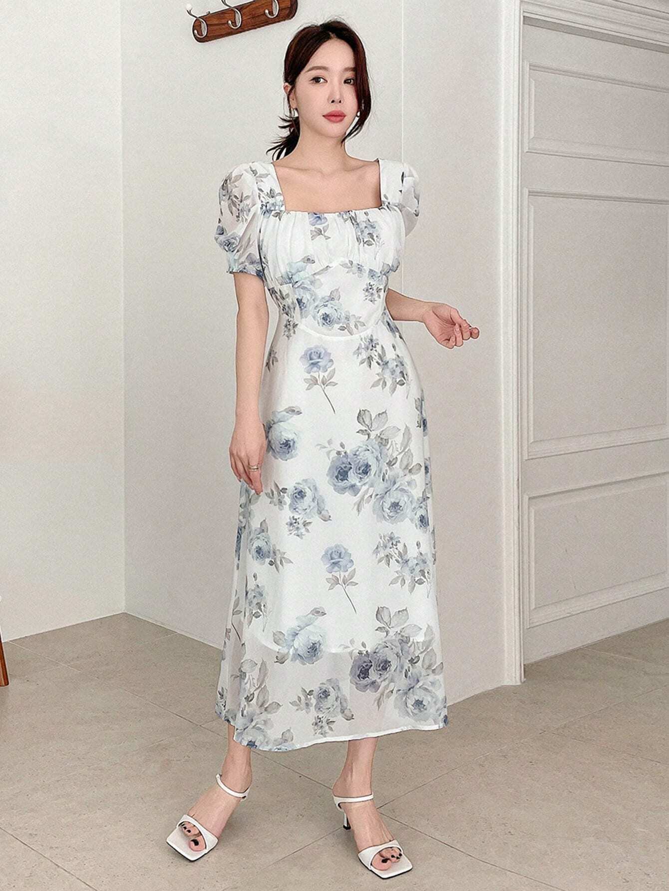  | SHEIN DAZY Elegant Floral Print Square Neck Puff Sleeve Dress For Spring And Summer | Dress | Shein | OneHub