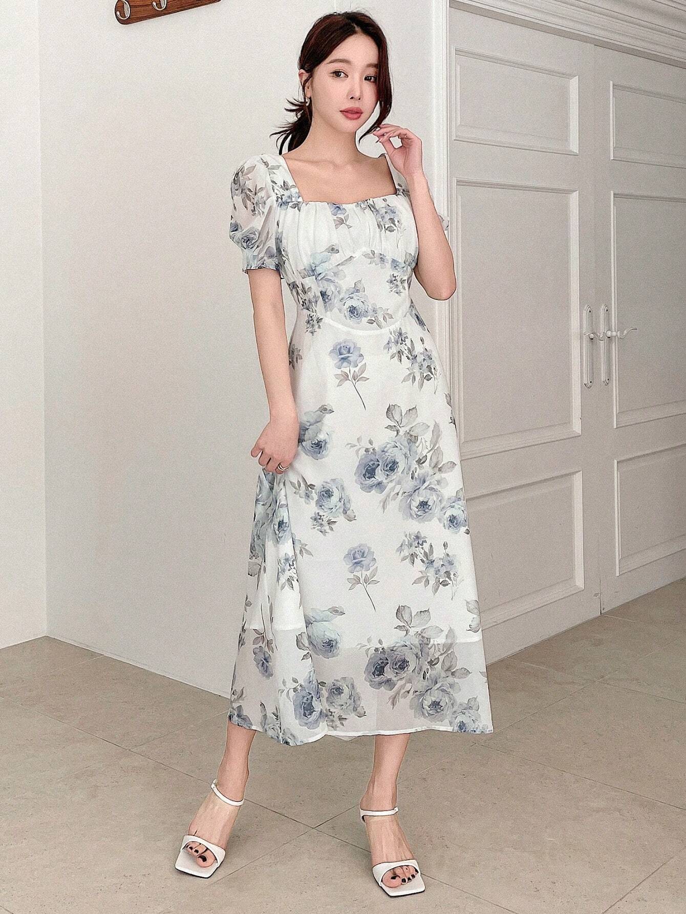  | SHEIN DAZY Elegant Floral Print Square Neck Puff Sleeve Dress For Spring And Summer | Dress | Shein | OneHub