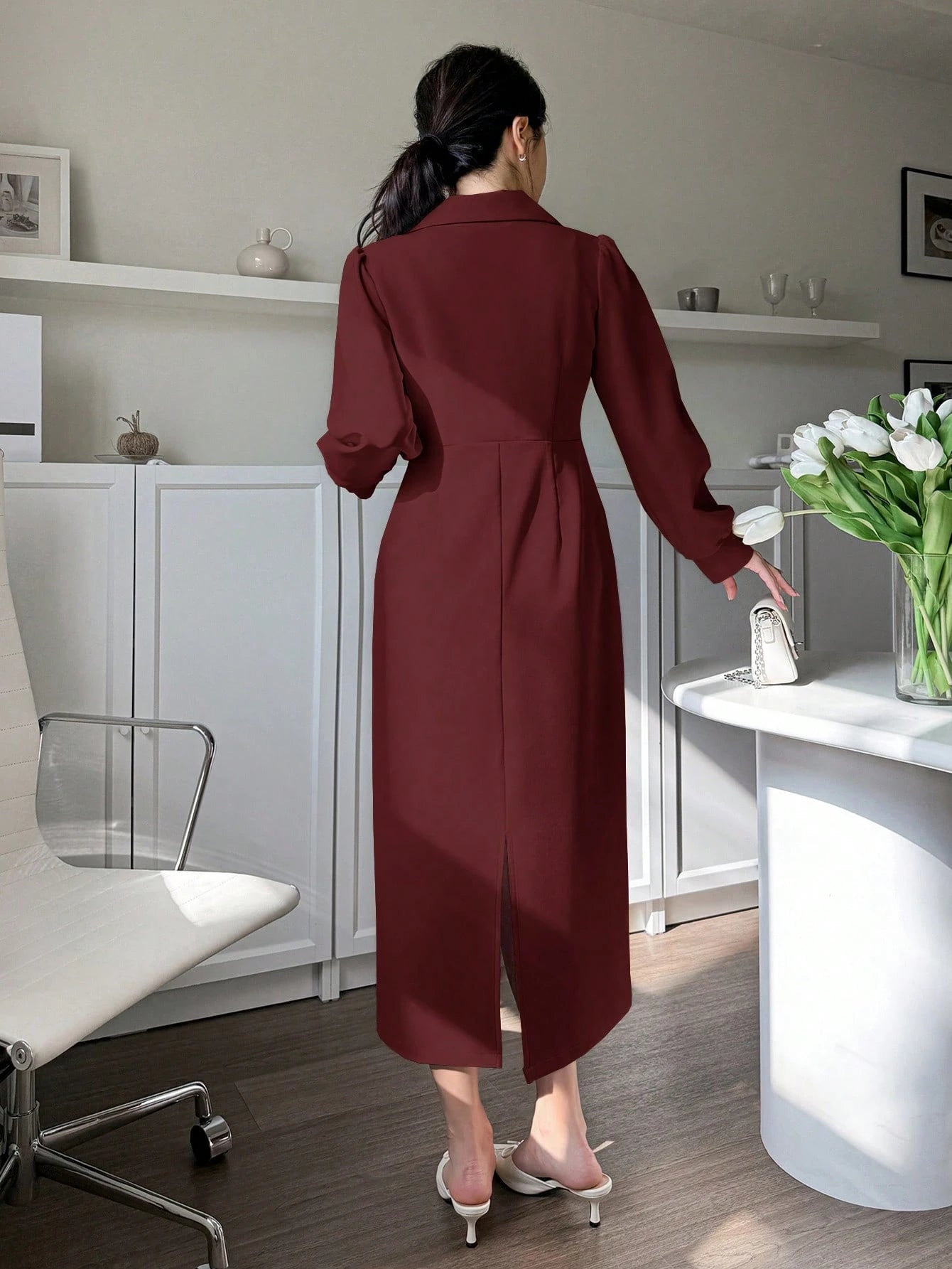 SHEIN DAZY Elegant Wrap Ruched Waist Women's Dress, Spring/Fall Shirt Dress Long Sleeve Dress