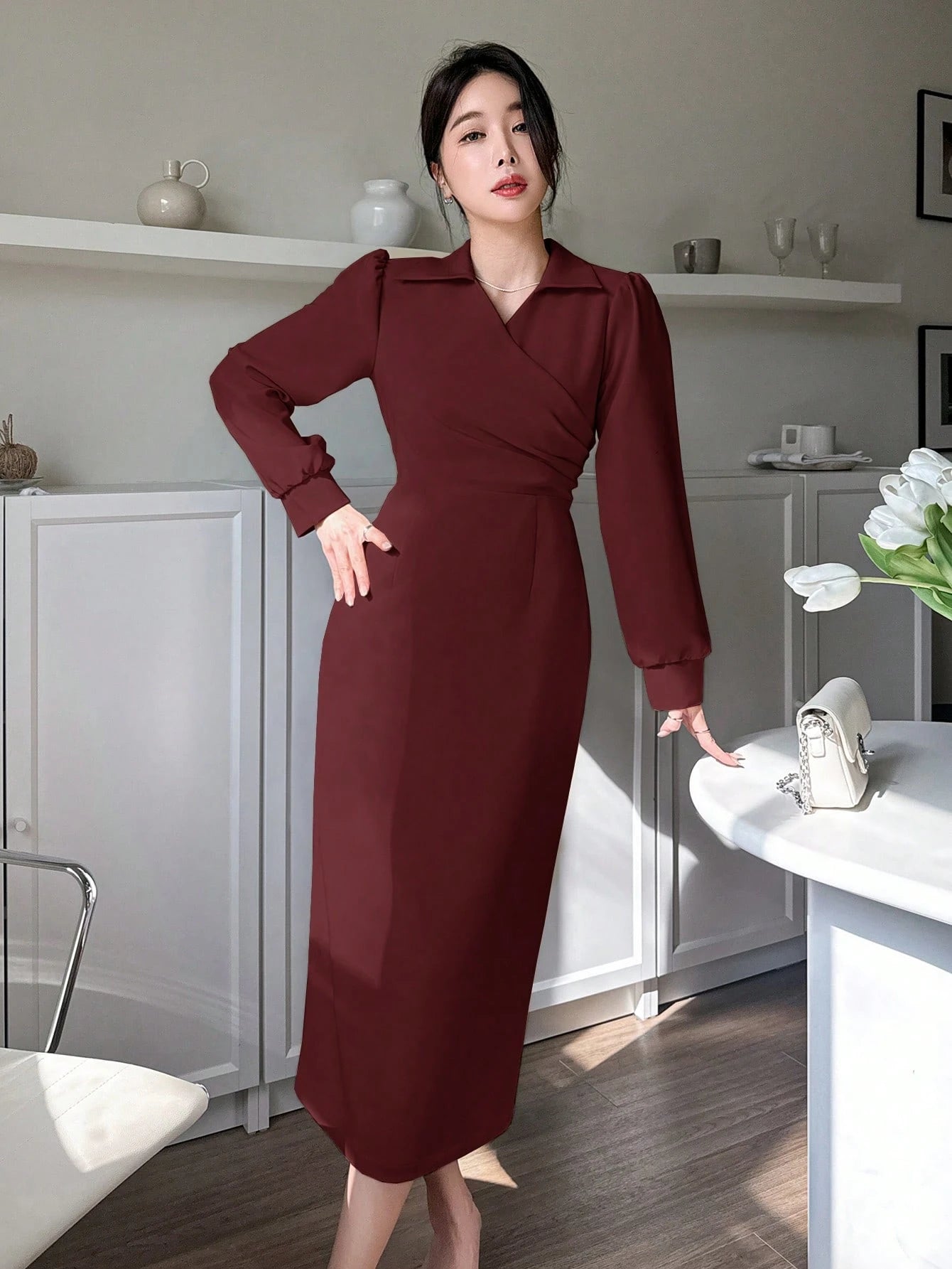 SHEIN DAZY Elegant Wrap Ruched Waist Women's Dress, Spring/Fall Shirt Dress Long Sleeve Dress