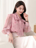  | SHEIN DAZY Floral Print Collar Bow Tie Decorated Long Sleeve Shirt | Blouse | Shein | OneHub