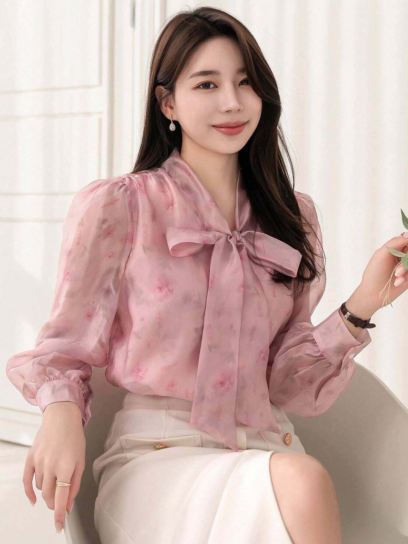  | SHEIN DAZY Floral Print Collar Bow Tie Decorated Long Sleeve Shirt | Blouse | Shein | OneHub