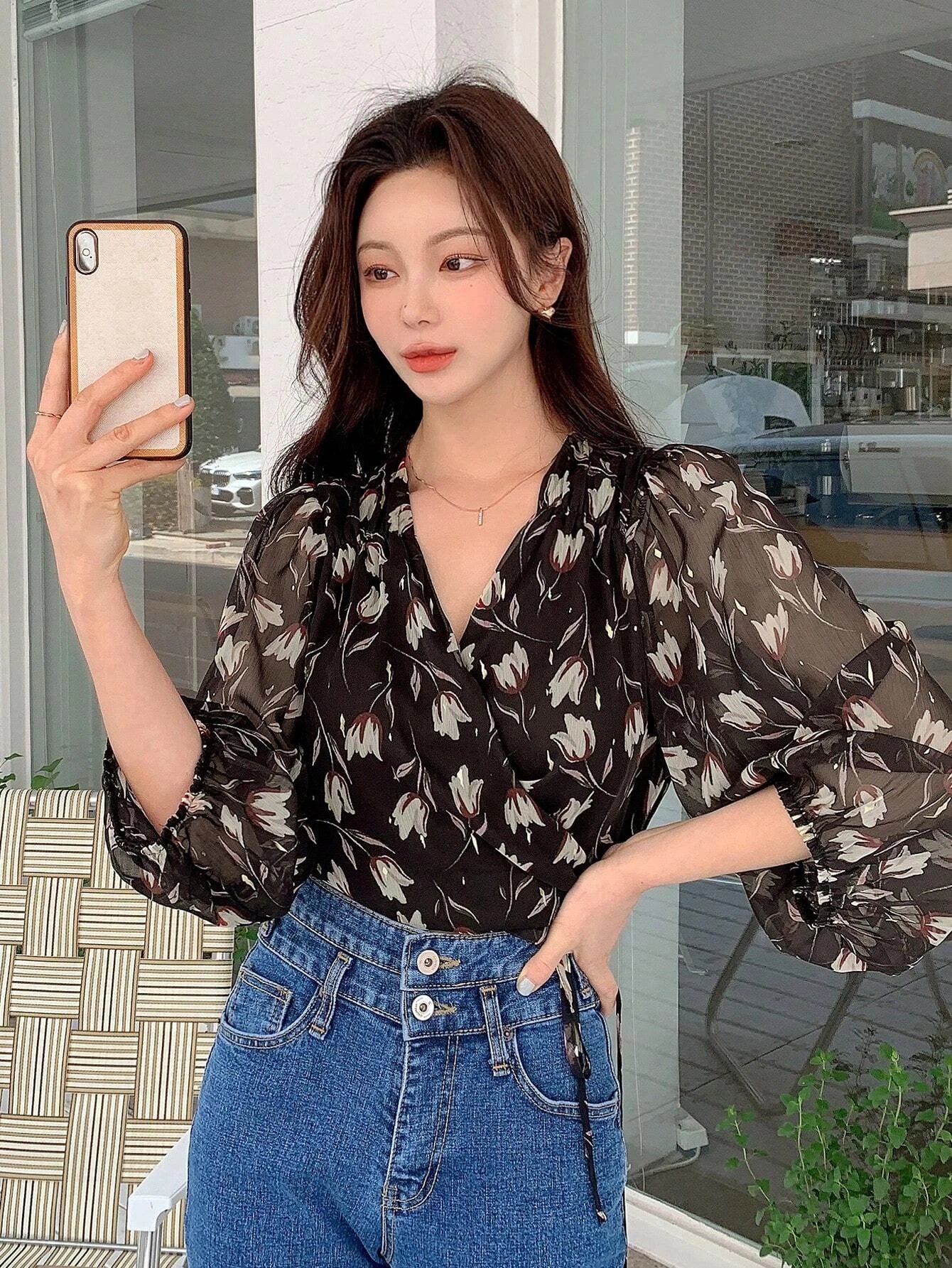  | SHEIN DAZY Floral Print Lantern Sleeve Wrap Detail Blouse | Shirt | Shein | OneHub