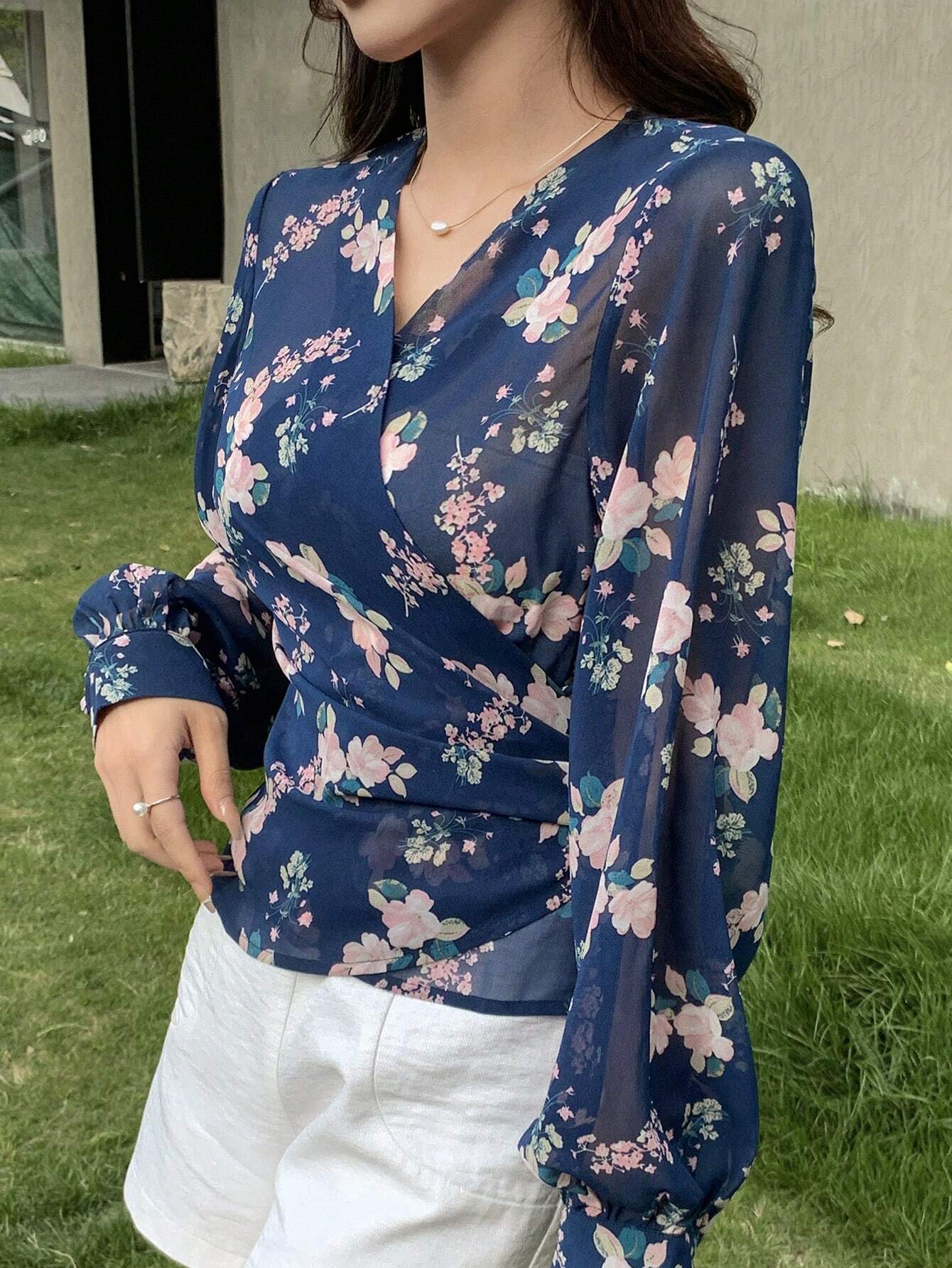  | SHEIN DAZY Floral Print Surplice Neck Lantern Sleeve Blouse | Top | Shein | OneHub