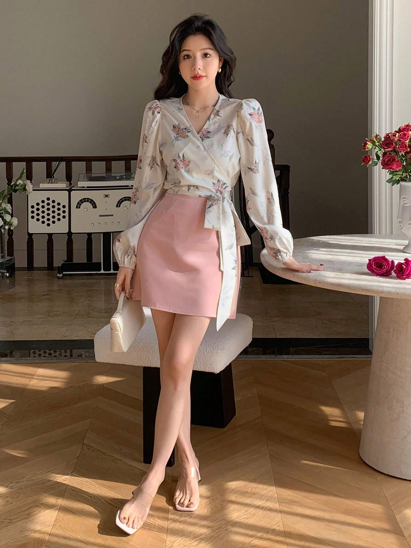  | SHEIN DAZY Floral Print V-Neck Wrap Tie Front Cropped Long Sleeve Shirt For Women,Long Sleeve Tops | Top | Shein | OneHub