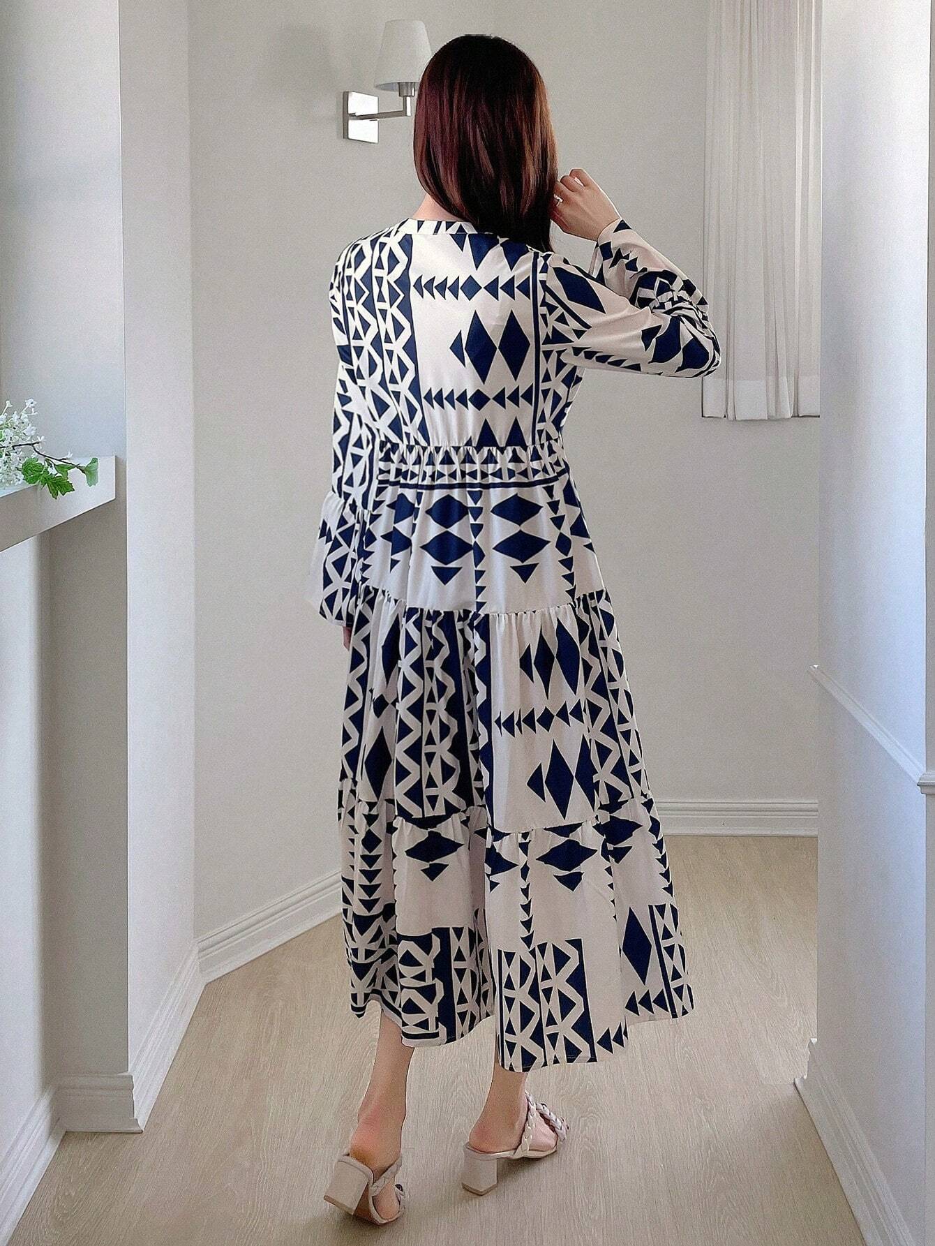  | SHEIN DAZY Geometric Pattern Allover Print Notched Neck Flared Sleeve Loose Fit Dress | Dress | Shein | OneHub