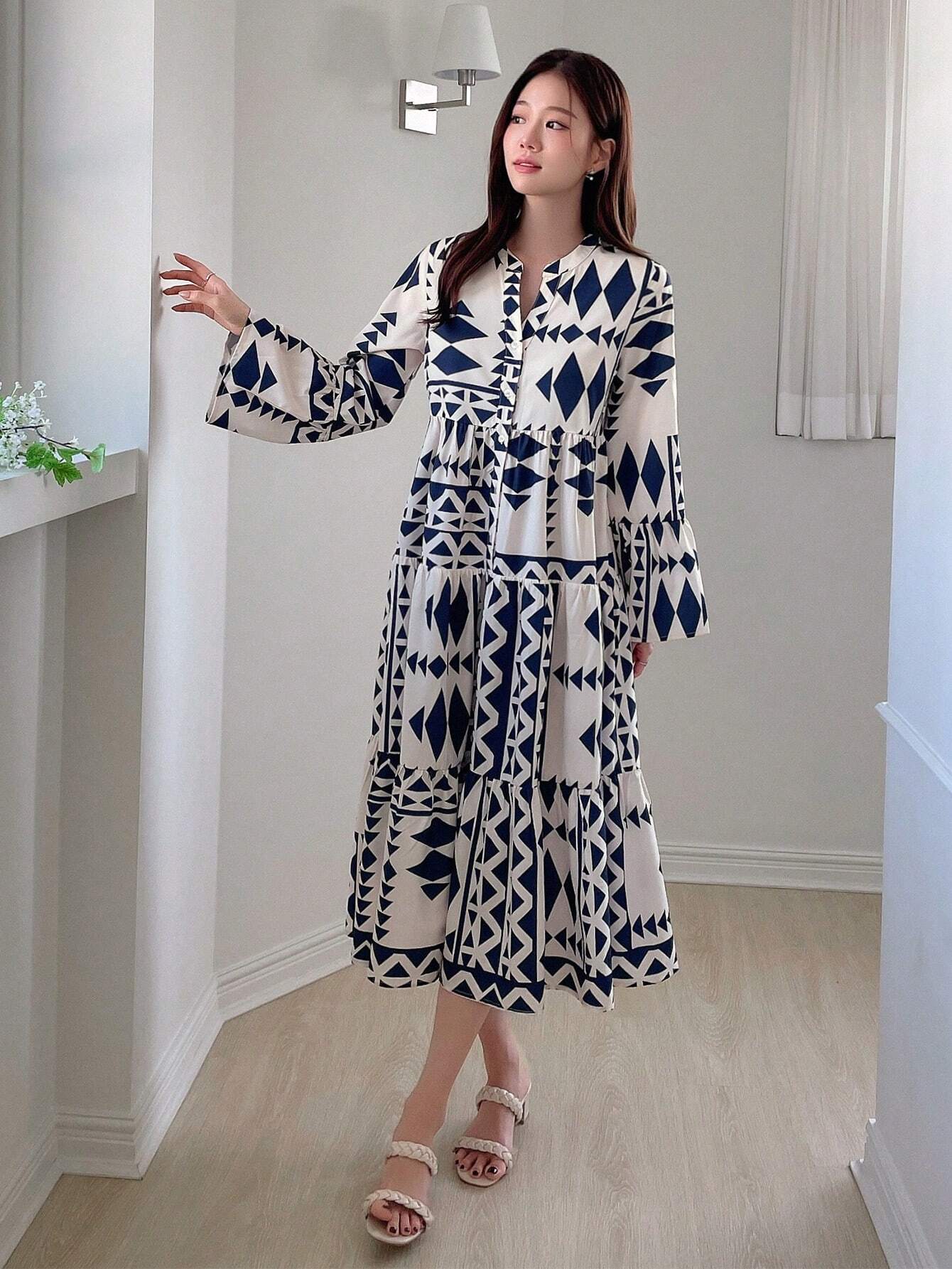  | SHEIN DAZY Geometric Pattern Allover Print Notched Neck Flared Sleeve Loose Fit Dress | Dress | Shein | OneHub