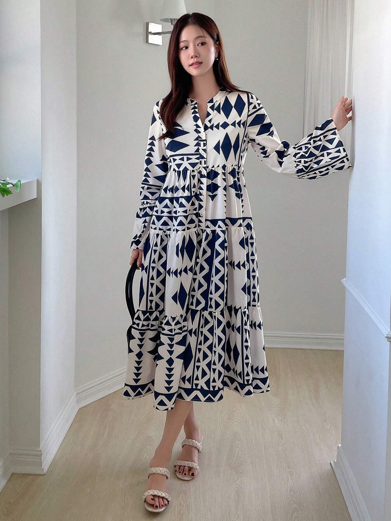  | SHEIN DAZY Geometric Pattern Allover Print Notched Neck Flared Sleeve Loose Fit Dress | Dress | Shein | OneHub