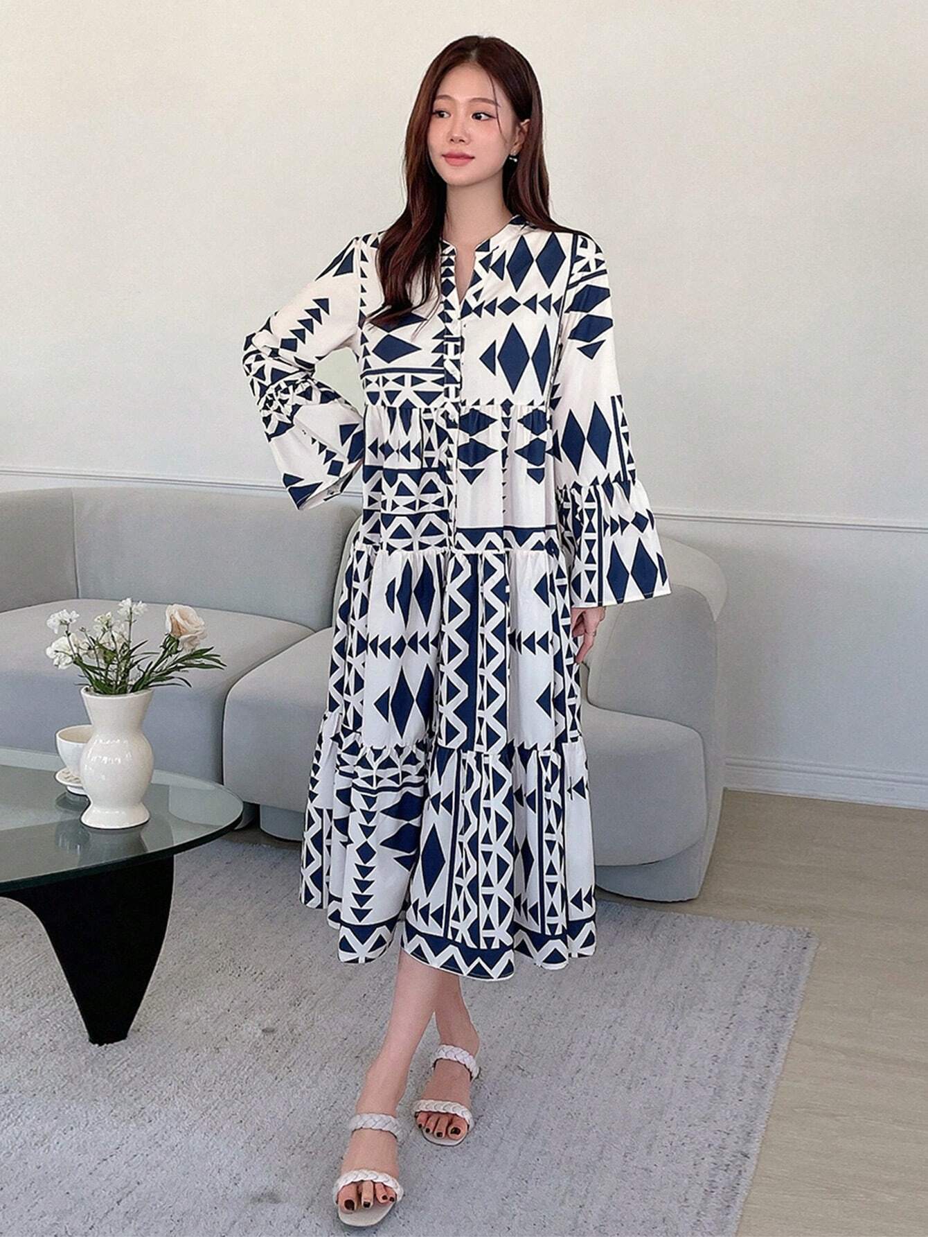  | SHEIN DAZY Geometric Pattern Allover Print Notched Neck Flared Sleeve Loose Fit Dress | Dress | Shein | OneHub