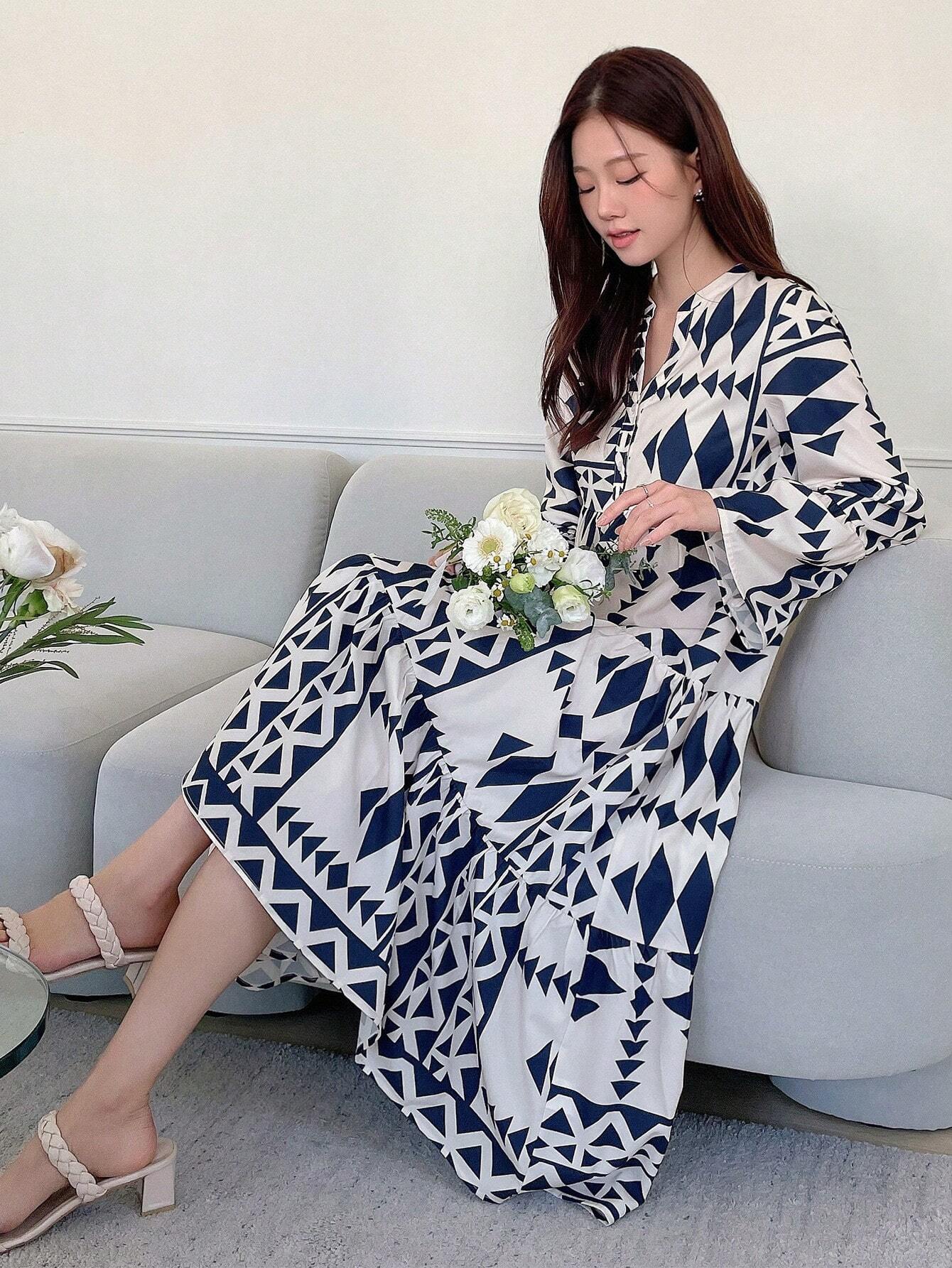  | SHEIN DAZY Geometric Pattern Allover Print Notched Neck Flared Sleeve Loose Fit Dress | Dress | Shein | OneHub