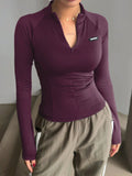 SHEIN DAZY Half High Collar Half Zip Up Letter Silicone Tight Long Sleeve Women T-Shirt