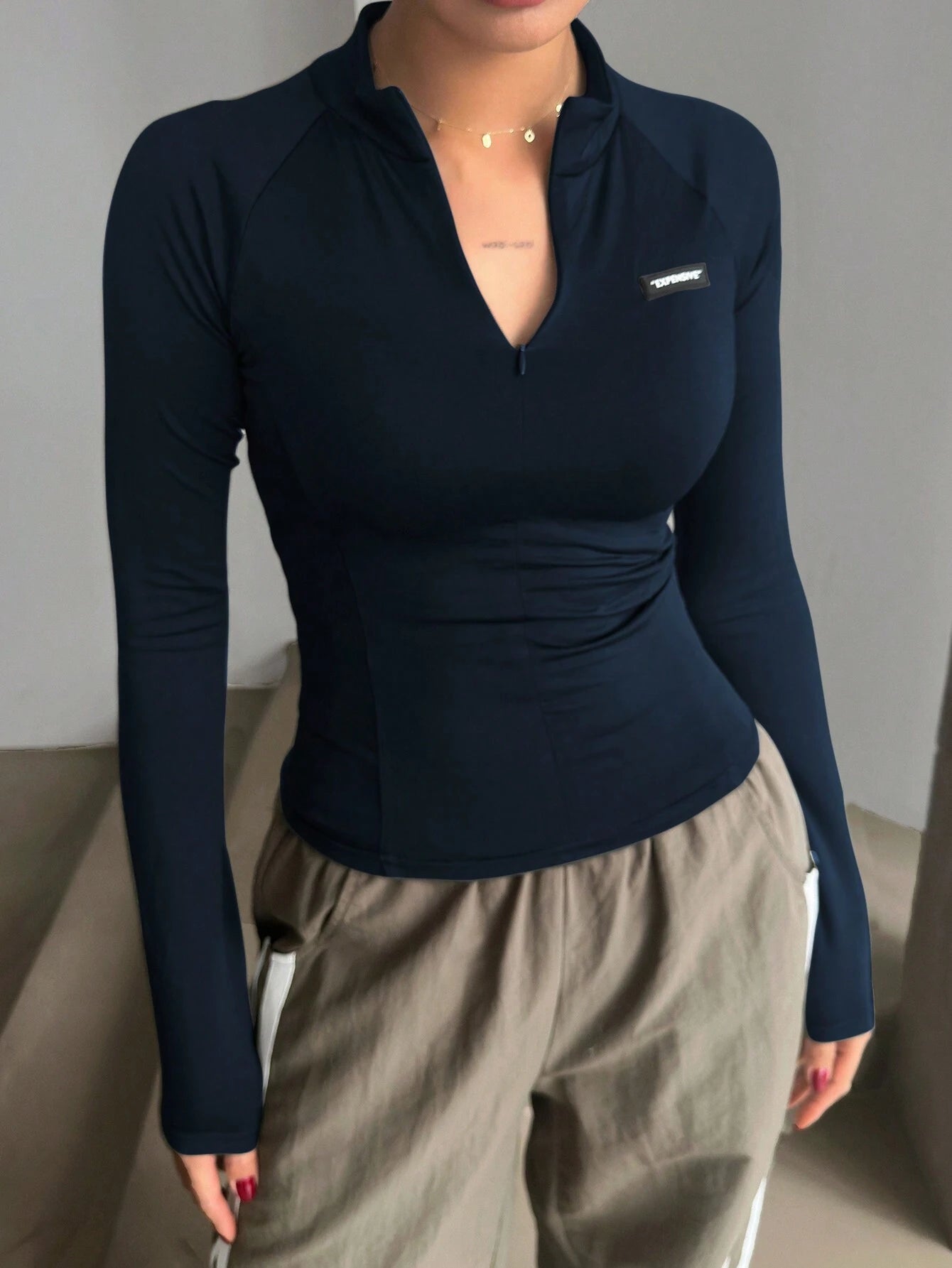  | DAZY Half Turtleneck Half Placket Letter Silicone Printed Slim Fit Long Sleeve Women T-Shirt | Sweater | Shein | OneHub