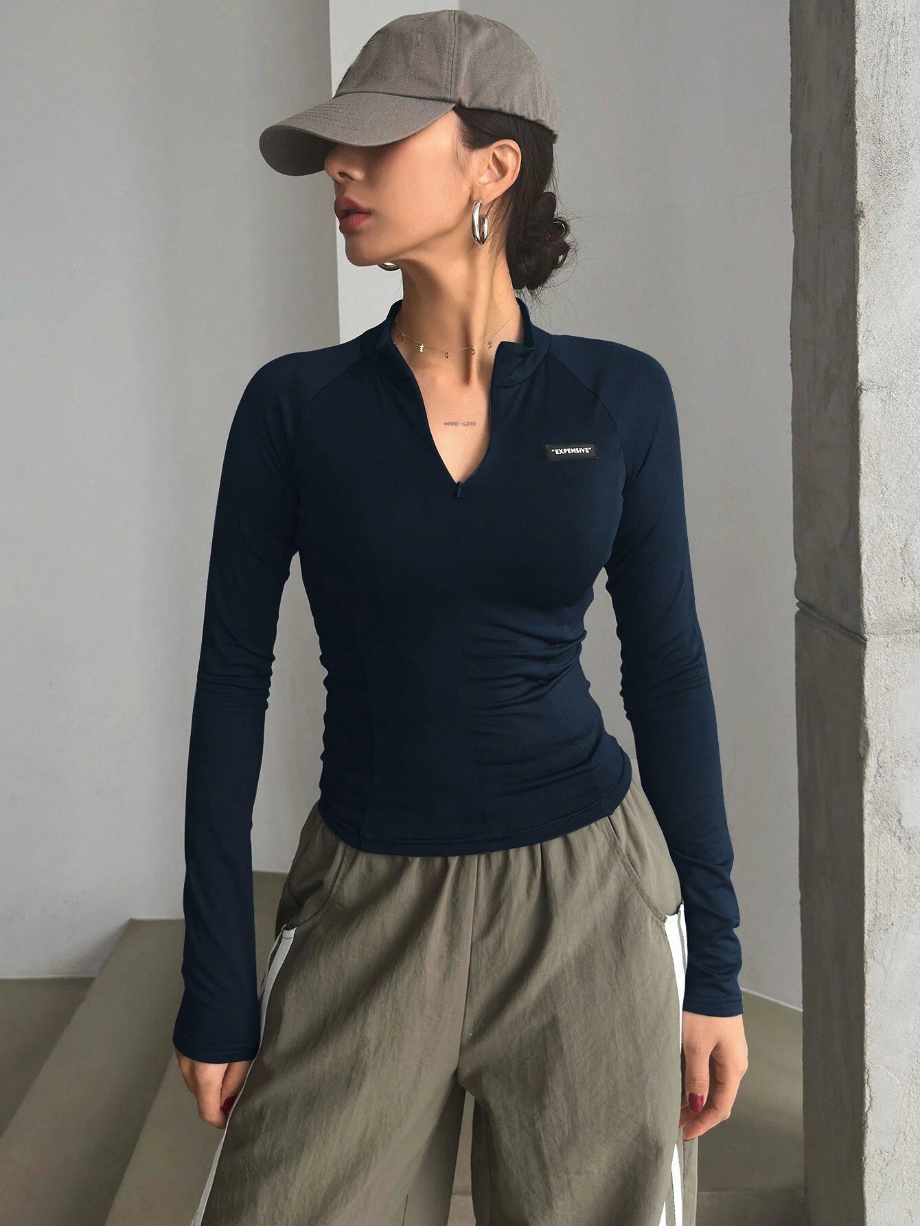  | DAZY Half Turtleneck Half Placket Letter Silicone Printed Slim Fit Long Sleeve Women T-Shirt | Sweater | Shein | OneHub