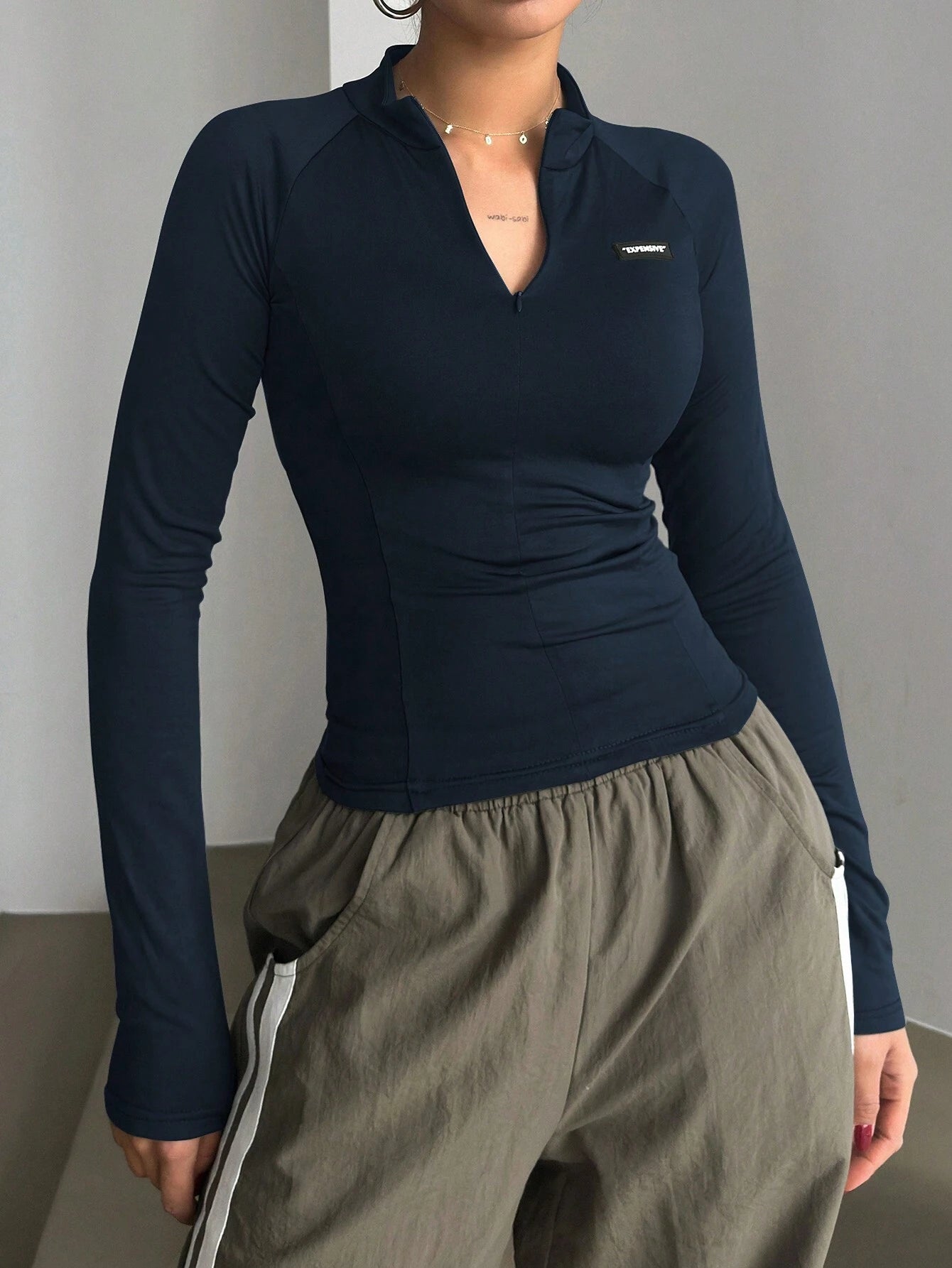  | DAZY Half Turtleneck Half Placket Letter Silicone Printed Slim Fit Long Sleeve Women T-Shirt | Sweater | Shein | OneHub